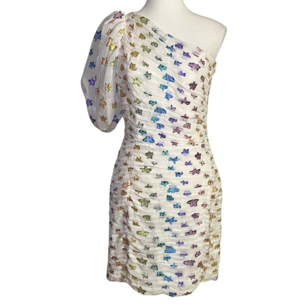 Shoshanna Midnight White Ruched One-Shoulder Metallic Star Y2K Party Mini Dress